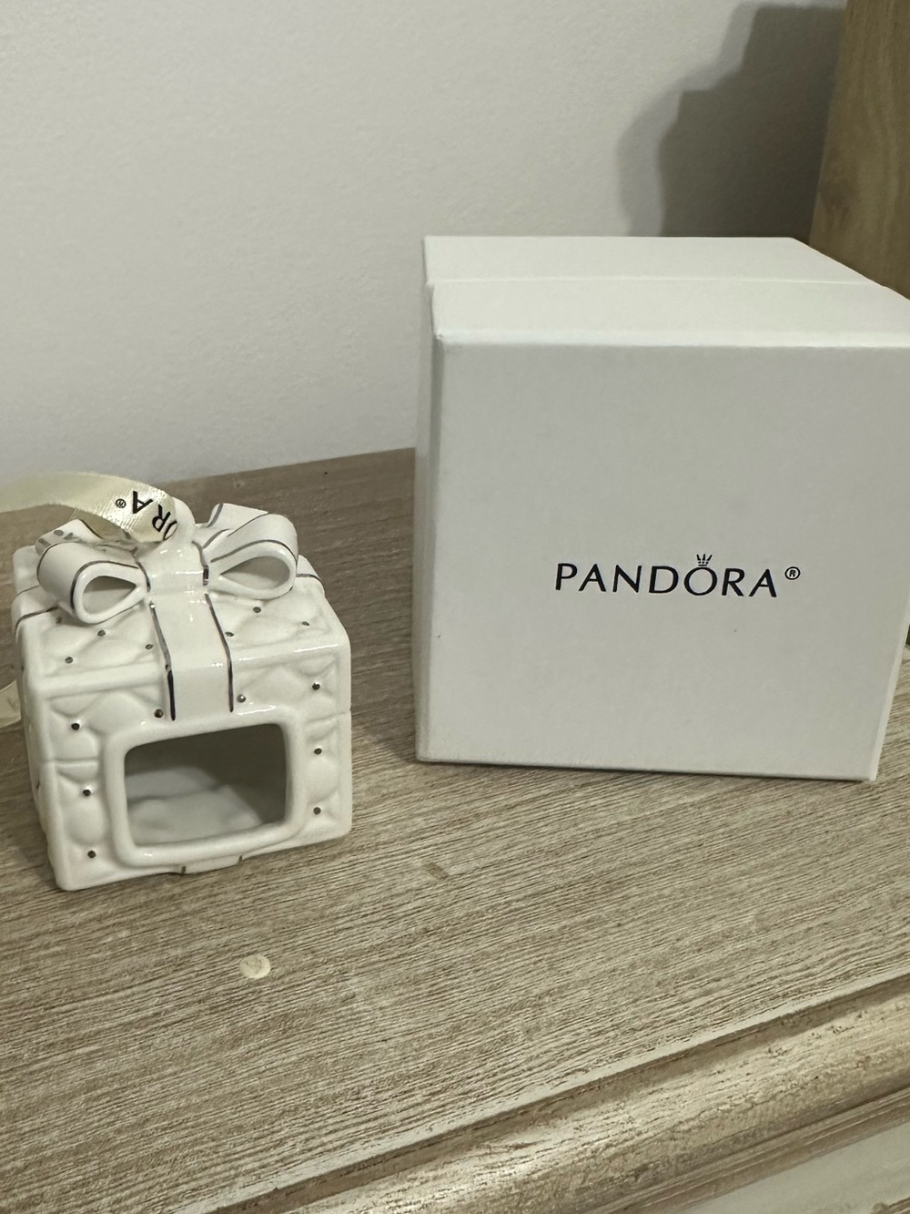 Pandora White Ceramic Gift Box Ornament with Bow Accent